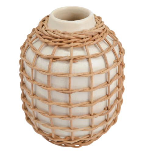 Rattan Wrapped White Vase